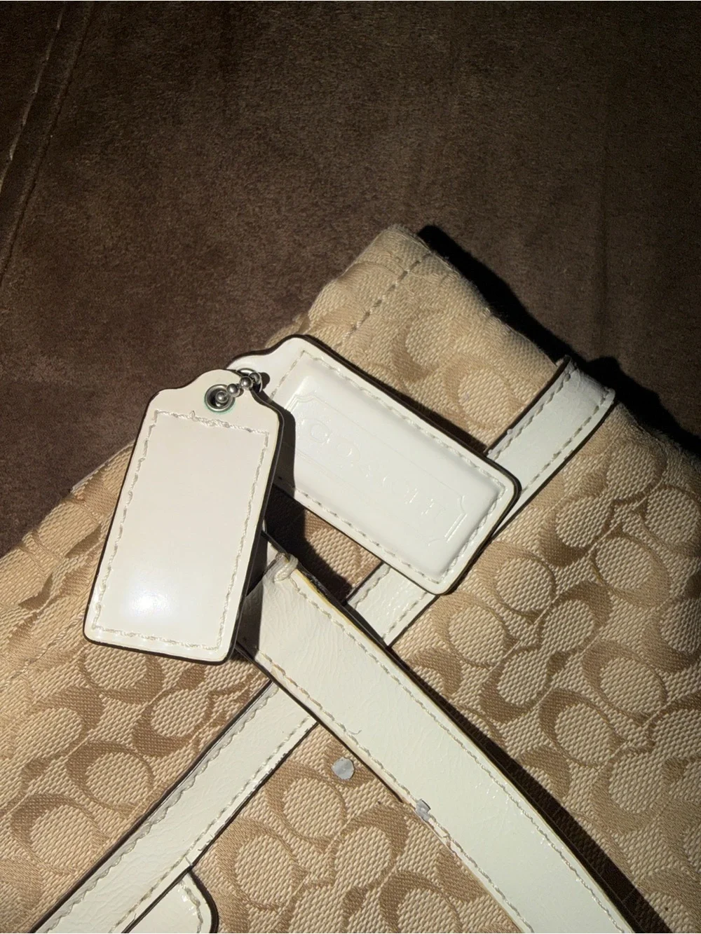 Coach Beige Signature Tote with White Leather Trim
